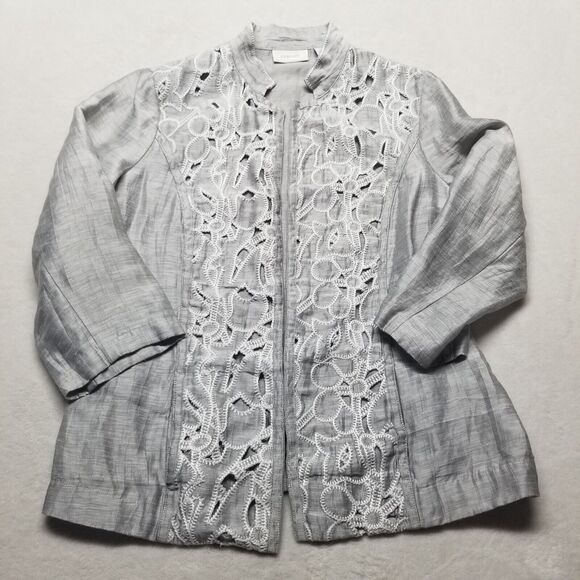 Chicos 0 Small Blazer Blouse Linen Blend Lightweight Open Front Eyelet Lace - Picture 1 of 9
